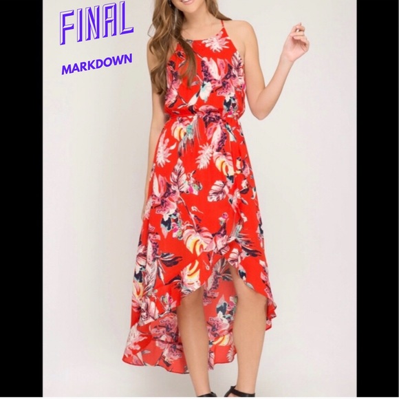 SHE & SKY HALTER FLORAL WRAP MIDI DRESS - Picture 1 of 8